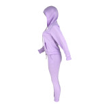 Autumn Winter Thick Drawstring Jogger Two Piece Purple Sweatpants and Hoodie Set