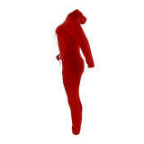 Winter Red Fleece Two Piece Sweatpants and Hoodie Set for Women