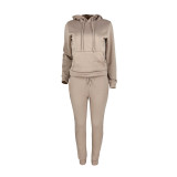 Autumn Winter Thick Drawstring Jogger Two Piece Mocha Sweatpants and Hoodie Set