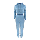 Light Blue Velvet Thicken Sports Hoodie Jogging Pants Two Piece Winter Set For Women