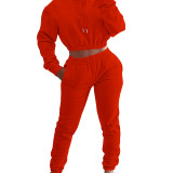 Orange Velvet Thicken Sports Hoodie Jogging Pants Two Piece Winter Set For Women