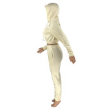 Light Yellow Velvet Thicken Sports Hoodie Jogging Pants Two Piece Winter Set For Women
