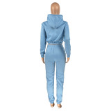 Light Blue Velvet Thicken Sports Hoodie Jogging Pants Two Piece Winter Set For Women
