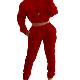 Red Velvet Thicken Sports Hoodie Jogging Pants Two Piece Winter Set For Women