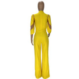 Women Jumpsuit Rompers Solid Color Ruffle Sleeve Fashion Sexy Wide Leg Jumpsuit Formal One Piece Outfit