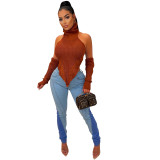 Knitted Turtle Neck Cut Out Sleeve Backless Sweater