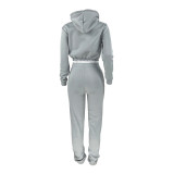 Light Grey Velvet Thicken Sports Hoodie Jogging Pants Two Piece Winter Set For Women