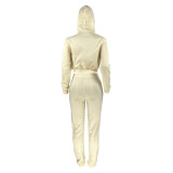 Light Yellow Velvet Thicken Sports Hoodie Jogging Pants Two Piece Winter Set For Women