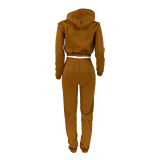 Coffee Velvet Thicken Sports Hoodie Jogging Pants Two Piece Winter Set For Women