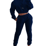 Navy Blue Velvet Thicken Sports Hoodie Jogging Pants Two Piece Winter Set For Women