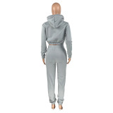 Light Grey Velvet Thicken Sports Hoodie Jogging Pants Two Piece Winter Set For Women
