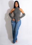 Knitted Turtle Neck Cut Out Sleeve Backless Sweater