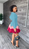 2022 Fashion Printed Mini Dress Color Block Stitching Crewneck Swing Dresses
