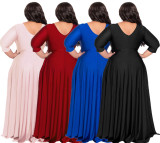 Women's Fashion Sexy Deep V-Neck Long Sleeve Glossy Dress Plus Size High Waist Hem Split Maxi Dress