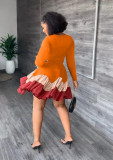 2022 Fashion Printed Mini Dress Color Block Stitching Crewneck Swing Dresses