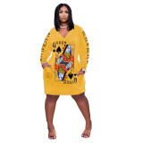 Womens Sexy Long Sleeve V Neck Poker Queen Printed Bodycon Plus Size Party Clubwear Casual Dress