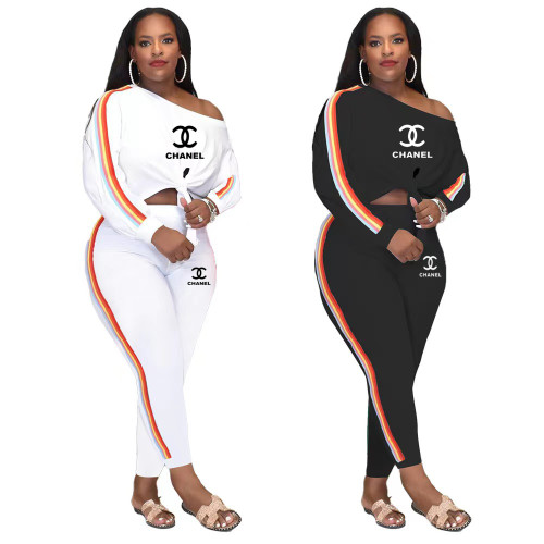 Amazon Best Sell Plus Size Casual Printed Round Neck Long Sleeve Top And Trousers Two Piece Suit