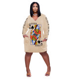 Womens Sexy Long Sleeve V Neck Poker Queen Printed Bodycon Plus Size Party Clubwear Casual Dress