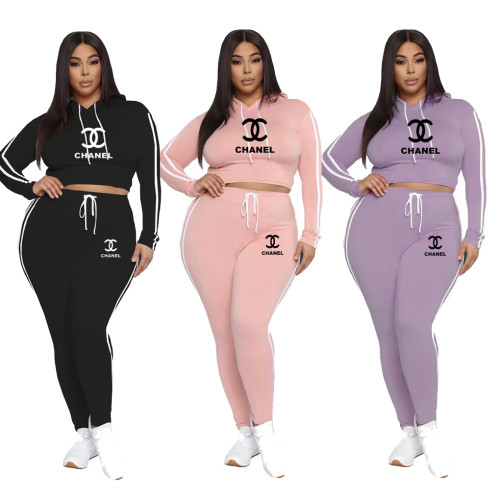 Casual Solid Printed Drawstring Hooded Collar Plus Size Two Pieces