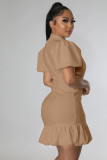 Women's V Neck Dress Cute Puff Sleeve Button Down Casual A-Line Ruffle Swing Short Mini Dresses