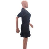 Women's V Neck Dress Cute Puff Sleeve Button Down Casual A-Line Ruffle Swing Short Mini Dresses
