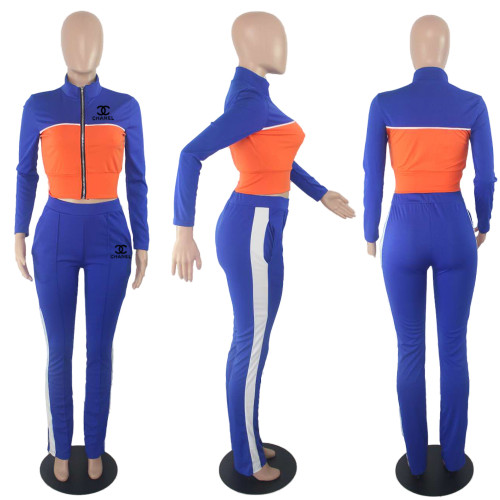 Women's Printed Splicing Fashion Turndown Neck Zipper Sports Two-piece Set