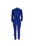 Solid Color Turndown Collar Colorblock Long Sleeve Pant Set