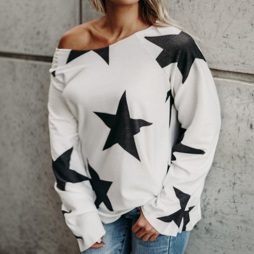Women Girl Strapless Star Print Sweatshirt Long Sleeve Crop Jumper Pullover Tops