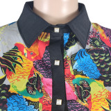 Plus Size Parrot Print Tunic Panel Long Sleeve Shirt Collar Top