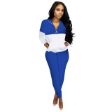 Womens Two Piece Outfits Zip Up Tops Pocket Bodycon Long Pants Color Block Pant Set