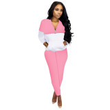 Womens Two Piece Outfits Zip Up Tops Pocket Bodycon Long Pants Color Block Pant Set