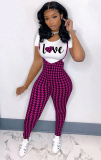 Valentine's Day Cute Sexy Printed Short Sleeve Shirt Bodycon Plaid Straps Jumpsuit 2pcs
