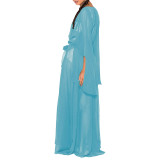 Women's Cardigan Chiffon Kimonos Blouses - Sheer Solid Batwing Sleeve Maxi Dress with Belt