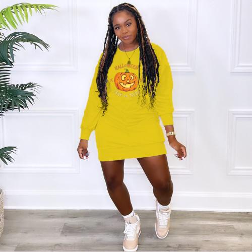 Halloween Print Basic O Neck Long Sleeve Sweatshirt Dress