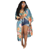 Fashion Casual Simulated Silk Print Trench Coat with Belt