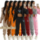 Women Crop Vest Elastic Waist Casual Pants Lantern Sleeve Hooded Coat Winter Street Hip Hop 3 Piece Set