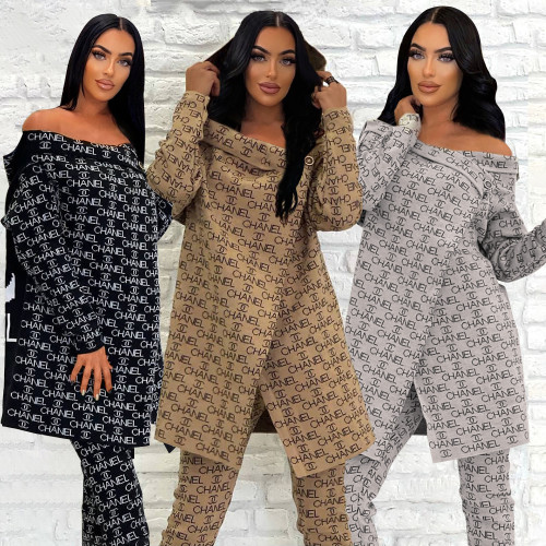 Winter Thick Outdoor Fashion Print Hooded Off Shoulder Button Long Sleeve Two Piece Set