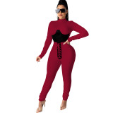 Autumn Fashion Women Solid Round Neck Long Sleeve Zipper Top Belted Pants 2 Pcs
