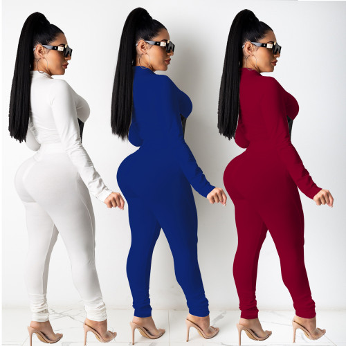 Autumn Fashion Women Solid Round Neck Long Sleeve Zipper Top Belted Pants 2 Pcs