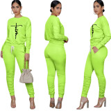 Casual Printed Long Sleeve Jogger Workout Pants Set with Pockets