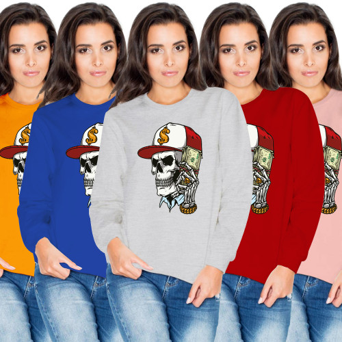 Autumn Cotton Halloween Colorful Skull Dollar Bills Printed Sweatshirt Blouses