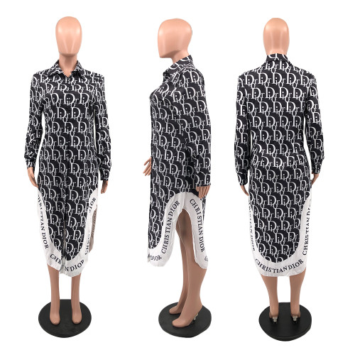 Fashion Loose Print Irregular Hem Slit Shirt Dress (Without Belt)