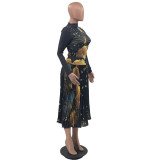 Fashion Printed Long Sleeve Top & High Waist Pleated Skirt 2 Piece Sets
