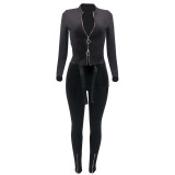 Solid Patchwork Bandage Zipper Collar Long Sleeve Two Pieces Outfits