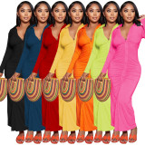 Solid Color V Neck Ruched Maxi Dress