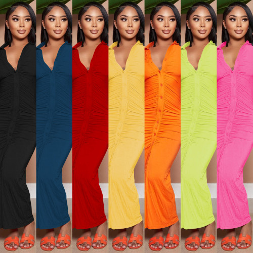 Solid Color V Neck Ruched Maxi Dress