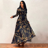Women's Hidden Zipper Fashion Digital Print Casual Loose Long Sleeve Maxi Swing Dress