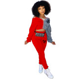 Casual Letter Offset Printed Color Block Patchwork Lace Up Pullover Tracksuit Two Piece Set