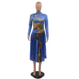 Fashion Printed Long Sleeve Top & High Waist Pleated Skirt 2 Piece Sets