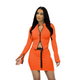 Solid Color Tops and Skirts Sets Double Zipper Tracksuits Women 2 Piece Outfits